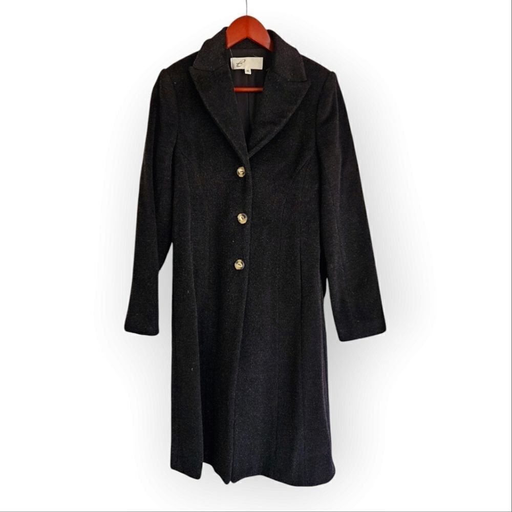 Vintage '80s Entsou Cashmere Wool Blend Charcoal Tailored Long Line Pea Coat 6